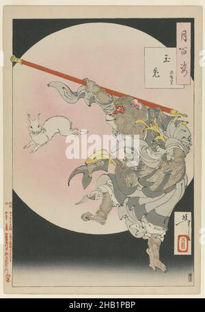 Jade Rabbit: Sun Wukong, il re delle scimmie, dalla serie cento aspetti della Luna, Tsukioka Yoshitoshi, 1839-1892, stampa a blocchi di legno a colori su carta, Giappone, 10 ottobre 1889, periodo Meiji, 13 7/8 x 9 1/2 pollici, 35,2 x 24,1 cm, animale, fantasia, folklore, lepre, Leggenda, scimmia, luna, Songoku, staff, Storia, Sun Wukong Foto Stock