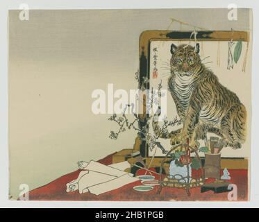 Schermo in piedi, Tsuitate di una tigre, Kawanabe Kyosai, giapponese, 1831-1889, stampa a blocchi di legno a colori su carta, Giappone, 1878, periodo Meiji, 9 x 11 5/16 in., 22,9 x 28,7 cm, 19th secolo, animale, arte asiatica, gatto, Fiori di ciliegio, colore, Giappone, giapponese, Kawanabe Kyosai, carta, stampa, schermo, scorrimento, schermo verticale, STILL LIFE, tavolo, tigre, Tsuite, blocco di legno Foto Stock