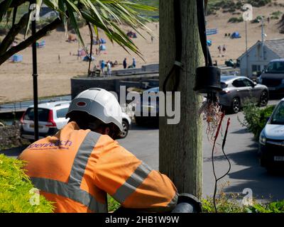 BT OpenREACH ingegnere riparazione di un guasto, Bude, Cornovaglia, Regno Unito Foto Stock