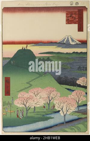 New Fuji, Meguro, No. 24 in cento viste famose di Edo, Utagawa Hiroshige, Ando, giapponese, 1797-1858, Stampa di blocchi di legno, Giappone, 4th mesi del 1857, periodo Edo, era Ansei, immagine: 13 7/16 x 9 pollici, 34,1 x 22,9 cm, 19th secolo, 4th mesi del 1857, fiori, calmità, fiori di ciliegio, Edo, Periodo Edo, era Ansei, fauna, flora, verde, harmony, escursioni, hiroshige, orizzonte, figure umane, Giappone, paesaggio, meditativo, minimo, montagna, Sentiero di montagna, Mt. Fuji, natura, prospettiva, fiume, cielo, Primavera, montagna da tavolo, Tokyo, albero, alberi, Vista, vulcano, blocco di legno, stampa di blocco di legno Foto Stock