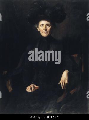 Lady in Black, Emil Fuchs, americana, nata Austria, 1866-1929, Olio su tela, Stati Uniti, 1901, 46 15/16 x 36 15/16 pollici, 119,2 x 93,8 cm, American Art, nero, scuro, viso, piume, pezza, mani, cappello, pittura, ritratto, seduta, donna Foto Stock