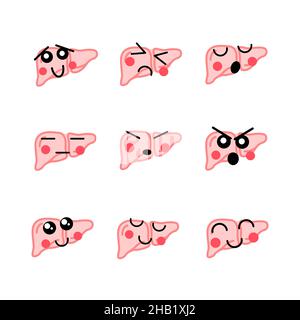 Set di fegato umano luminoso con volti carini, icone mediche su bianco Illustrazione Vettoriale