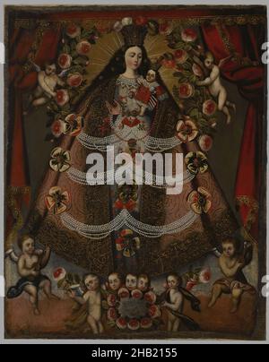 Madonna di Pomata, Scuola Cuzco, olio su tela, Perù, 1675, 44 3/4 x 35 1/2in., 113,7 x 90,2cm, 17th secolo, angeli, benevolenza, Bounty, coloniale, corona, Cuzco, fede, Fiore, Gesù, pizzo, Madonna col Bambino, Maria, Madre, pittura, perle, Perù, propaganda, Putti, regina, san, coloniale spagnolo, spirituale, vergine Foto Stock