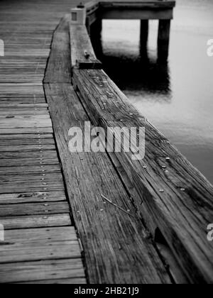 Scatto verticale in scala di grigi di un bacino di legno vicino al mare Foto Stock