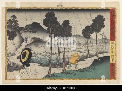 No. 5, dalla serie Record of the Valiant and Loyal Ritainers, Utagawa Toyokuni i, giapponese, 1769-1825, stampa a blocchi di legno a colori su carta, Giappone, 1847-1848, periodo Edo, foglio: 10 1/4 x 14 3/4 in., 26 x 37,5 cm, periodo Edo, Giappone, giapponese, Paesaggio, Meisho-e, montagna, natura, percorso, piante, Pioggia, strada, scena, Ukiyo-e, ombrello Foto Stock