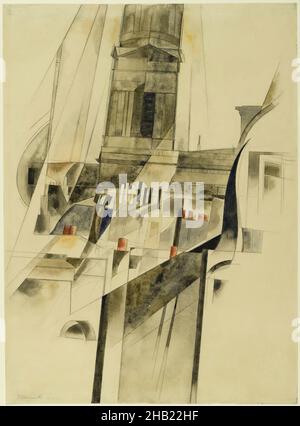 Roofs and Steeple, Charles Demuth, americano, 1883-1935, acquerello e grafite su carta a trama, 1921, 14 3/8 x 10 7/16 pollici, 36,5 x 26,5 cm, 1921, astratto, americano, arte americana, Pittura americana, acquerello americano, architettura, edificio, Charles Demuth, Città, Demuth, futuristico, geometrico, grafite, linee, mezzi misti, modernista, tetti, campanile, campanili, verso l'alto, urbani, acquerelli, carta straccia Foto Stock