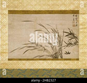 Frammento di un rotolo montato come un rotolo appeso - Bamboo, Orchid e Thorn, Hsueh CH'uang, pittura in inchiostro su carta, Cina, 1279-1368, dinastia Yuan, dinastia Yuan, Immagine: 15 3/4 x 25 3/16 pollici, 40 x 64 cm, autunno, calma, fauna, flora, fiori, calligrafia, armonia, giappone, giapponese, foglie, minime, natura, studio della natura, piante Foto Stock