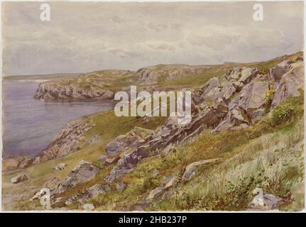 Rhode Island Coast: Conanicut Island, William Trost Richards, americano, 1833-1905, acquerello trasparente con tocchi di acquerello opaco su carta color crema, moderatamente spessa, leggermente testurizzata, ca. 1880, 10 x 14 7/16 pollici, 25,4 x 36,7 cm, 1880, 19th secolo, Oceano Atlantico, massi, Costa, Costa costiera, Comunità costiera, Isola di Conanicut, Costa orientale, Eastern Seaboard, New England, rhode Island, rocce, rocciose, Riva, acqua, acquerello, William Trost Richards Foto Stock