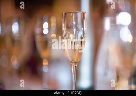 Bicchieri riempiti di champagne allineati e pronti per essere serviti al ricevimento di nozze Foto Stock