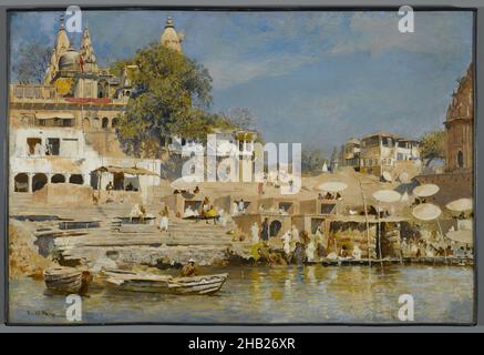 Templi e Gat da bagno a Benares, Edwin Lord Weeks, americano, 1849-1903, olio su tela, circa 1883-1885, 19 15/16 x 29 15/16 pollici, 50,6 x 76 cm, american, american art, pittura americana, bagno, Bagni, bagni, barca, settimane Edwin Lord, induismo, Pensiero indiano, diciannovesimo secolo, pittura ad olio, pittura, riva, Templi, Templi e Gat da bagno a Benares, ombrello, ombrelloni, Varanasi, acqua Foto Stock