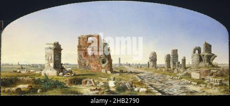 The Appia Way, John Linton Chapman, American, 1839-1905, olio su tela, 1869, telaio: 38 3/4 x 81 5/16 x 3 5/8 pollici, 98,4 x 206,5 x 9,2 cm, 19th secolo, pittura americana, americana, antica, Appiano, Chapman, Chapman, John Linton, Italia, John Linton Chapman, paesaggio, pittura di paesaggio, ipercresciuto, pittura, Romani, Roma, rovine, la Via Appia Foto Stock