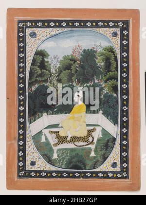 Uomo che medita in un giardino impostazione, indiano, acquerello opaco su carta, Punjab Hills, India, ca. 1820-1840, foglio: 10 3/4 x 7 7/8 pollici, 27,3 x 20,0 cm, 19th secolo, asiatico, cespugli, Corte, recinzione, figura, fiori, giardino, verde, Hookah, indiano, pittura indiana, Kangra, tappeto di pelle di leopardo, Lussureggiante, uomo, uomo che medita in un giardino impostazione, meditazione, arancione, pittura, carta, Piante, Ritratto, Punjab colline, seduta, figura seduta, seduta, alberi, acquerello Foto Stock