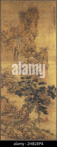 Landscape, LAN Ying, Hanging scroll painting, ink and color on Silk, China, 1653, Qing Dynasty, Qing Dynasty, 66 x 26 1/2in., 167,6 x 67,3cm, Cina, Paesaggio, Dinastia Qing, scorrimento, seta, albero, cascata Foto Stock