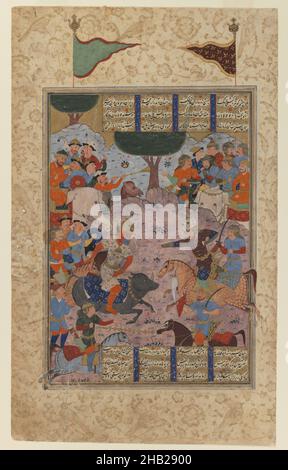 Folio da una 'Dhahnameh': Rustam Fighting Puladvand Div, inchiostro, e acquerelli opachi su carta, ca. 1580-1590, Safavid, periodo Safavid, 14 9/16 x 8 15/16in., 37 x 22,7cm, battaglia, calligrafia, elefanti, Cavalli, Iran, Medio Oriente, mitico, Persia, testo, trombe, guerra, guerrieri Foto Stock