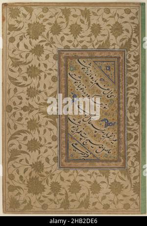 Esempio di calligrafia in Persian Nasta'liq script, inchiostro, acquerelli opachi, e oro su carta, 16th secolo, periodo Safavid, 8 13/16 x 5 1/4 in., 22,4 x 13,3 cm, calligrafia, cursive, Iran, Medio Oriente, Persia, poesia, versetto, scrittura Foto Stock