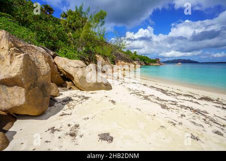 bella spiaggia tropicale sull'isola di curieuse sulle seychelles Foto Stock