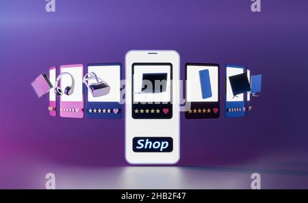 schermo mobile con dispositivi multimediali sotto forma di slide con luci al neon. concetto di shopping online, vendite, tecnologia, offerta, liquidazione. 3d re Foto Stock