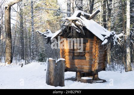 Capanna di legno di nonna Baba Yaga in foresta nel parco naturale Deer ruscelli in inverno. Secondo le fiabe Baba Yaga vive in una capanna di solito de Foto Stock