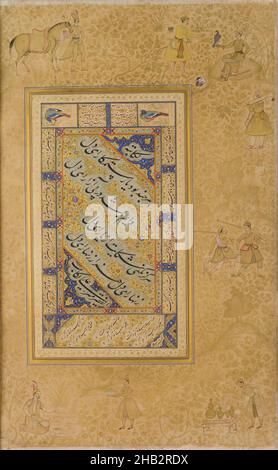 Pagina da un album made for Jahāngīr, calligrafia recto di Mir Ali al-Husayni, persiano, morto 1544–45, immagine verso dipinta da Keshav Das, indiano, attivo c.1570–1605, da un album di Jahāngīr, indiano, regno 1605–1627, indiano, periodo Mughal, 1526–1858, regno di Akbar, Mughal, regnò 1556–1605, calligrafia prima metà del 16th secolo; immagine verso c.1590; album c.1608–19, inchiostro, acquerello opaco, E oro su carta, fatto in India, Asia, Calligraphy, disegni & acquerelli, quadri, immagine: 8 1/2 x 4 13/16 pollici (21,6 x 12,2 cm Foto Stock