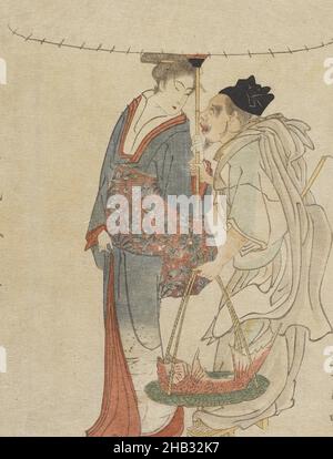 Ebisu e Benten camminando nella neve, Utagawa Toyohiro, artista, 1810-1820, Tokyo, Legno tagliato, questa stampa giapponese di blocco di legno è un buon esempio di surimono, edizione limitata, stampe commissionate privatamente che sono finemente artigianali, più piccolo di un ōban, che spesso combinano versetto e immagine in disposizioni complementari. La composizione di Ebisu e Benten o Benzaiten di Utagawa Toyohiro (1773–1828) è stata pubblicata per celebrare l'avvento del nuovo anno. Entrambe le cifre sono state contate tra i fukujin, i sette dei di buona fortuna, e la loro apparizione insieme è stata particolarmente propizia. Foto Stock