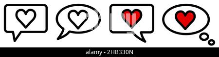 Icona del cuore nella bolla del parlato, versione diversa. Chiedi, parla o pensa al concetto d'amore Illustrazione Vettoriale