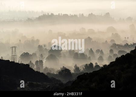 Nebbia mattutina nel sobborgo ovest della San Fernando Valley di Los Angeles, California. Foto Stock