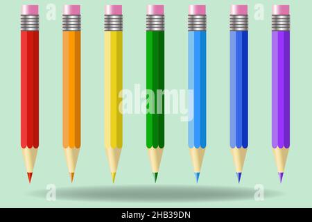 Set vettoriale di 7 colori principali arcobaleno matite colorate - rosso, arancione, giallo, verde azzurro e viola, con una fascia di gomma sulla parte superiore. Isolat Illustrazione Vettoriale