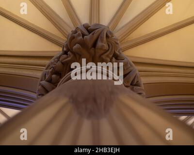Vista ad angolo basso di una colonna di marmo con una parte superiore decorativa e soffitto modellato nella chiesa del St. Francis Xavier College, un Chu cattolico romano di rinascita gotica Foto Stock