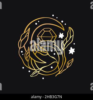 Icona celestiale dell'anello d'amore del vettore boho - logo oro della stella e della luna Illustrazione Vettoriale