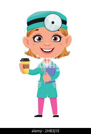 Dottore donna personaggio cartone animato. Bella dottore femmina che ha una pausa caffè. Illustrazione del vettore di scorta su sfondo bianco Illustrazione Vettoriale