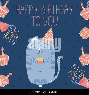 Carta di compleanno scura per una ragazza. Illustrazione vettoriale di un gatto che tiene un cupcake festivo. Congratulazioni per i pirati informatici Illustrazione Vettoriale