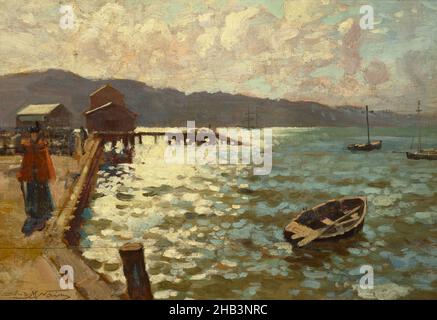 Wellington Harbor, James Nairn, artist, 1894, Wellington, Wellington Harbour fu un soggetto preferito dall'artista James M Nairn, uno che esplorò ripetutamente dal 1891after si stabilì a Wellington. Uno dei suoi interessi primari era quello degli effetti della luce sulla superficie dell'acqua. Per catturare questo, i colori inmescolati e riutilizzati applicati con le lenti pennellate, che si agitavano, caratteristiche dei pittori impressionisti Foto Stock
