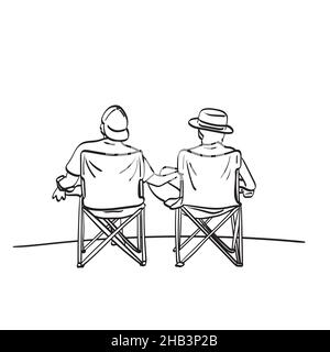 Vista posteriore di una coppia su una sedia a sdraio rilassante vettore illustrazione disegnata a mano isolato su sfondo bianco art. Illustrazione Vettoriale
