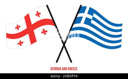 Georgia e Grecia Bandiere incrociate e ondulate stile piatto. Proporzione ufficiale. Colori corretti. Illustrazione Vettoriale