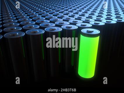 Illustrazione 3D, immagine concettuale del riciclaggio della batteria, energia rinnovabile. Foto Stock