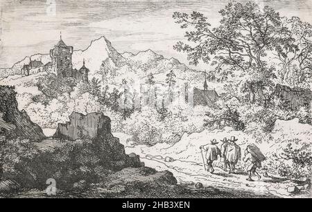 I tre uomini e il portiere., Allart van Everdingen, artista, metà 17th secolo, incisione, Il paesaggio olandese e il pittore e tipografo marino Allart/Allaert van Everdingen (1621-1675) è nato ad Alkmaar e si dice che sia stato un allievo di Roelandt Savery a Utrecht e Pieter de Molyn ad Haarlem. Nel 1644–5 visitò la Scandinavia, dove in particolare dopo aver visitato la Norvegia, sviluppò un gusto per soggetti ispirati al paesaggio, soprattutto torrenti di montagna, e contribuì a diffondere tali temi nei Paesi Bassi. Infatti, Van Everdingen potrebbe essere considerato 'l'inventore delle cascate Foto Stock