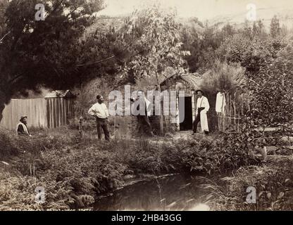 Lofley's Baths, vicino a Taupo, studio Burton Brothers, studio fotografico, Nuova Zelanda, Fotografia in bianco e nero, ritratto di gruppo informale all'aperto di quattro uomini europei in piedi in un ambiente bush a Lofley's Baths, vicino a Taupo. Due uomini si erigono vicino ad una piccola capanna artificiale, con uno appoggiato su una taonga Maori intagliata. Un centro termale può essere visto in primo piano nell'immagine Foto Stock