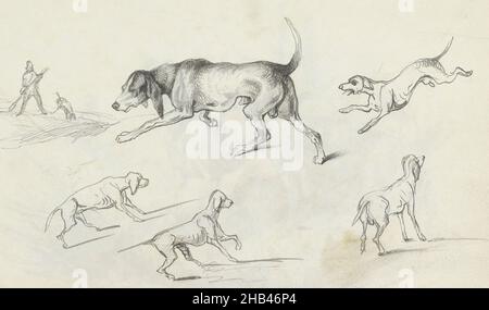 Foglio 28 recto da un libro di schizzo con 38 fogli, cacciatore e cani, Johannes Twenraat, 1843 - 1844 Foto Stock