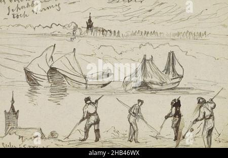 Foglio 76 recto da un libretto di 88 fogli, Paesaggio con torre della chiesa, barche a remi e uomini che faleggiano il fieno, Johannes Twenraat, 1854 - 1868 Foto Stock