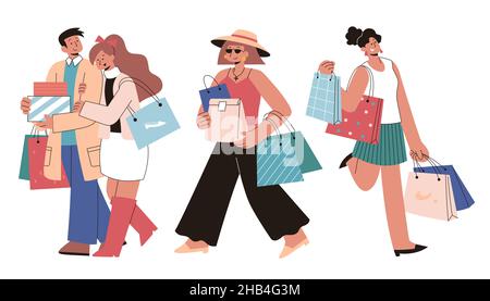 Personaggi moderni per gli acquisti in un'illustrazione piatta. Disegno del carattere della coppia moderna e delle donne che fanno lo shopping con una manciata di borse di shopping Illustrazione Vettoriale