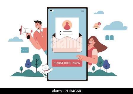 Abbonamento newsletter via e-mail CTA in stile flat. Uomo che parla con l'altoparlante e donna che fa clic sul pulsante Iscriviti ora su un telefono cellulare. Contrassegno di destinazione Illustrazione Vettoriale