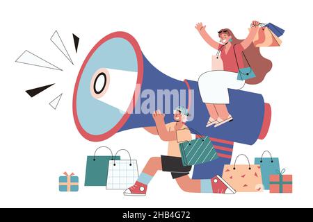 Evento di shopping in un'illustrazione in stile piatto. Uomo che tiene megaphone gigante con una donna seduta su di esso con un sacco di shopping borse e regali intorno Illustrazione Vettoriale