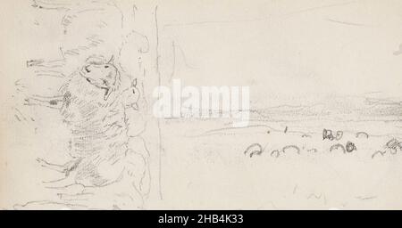 Foglio 28 verso e 29 recto da un libro di schizzo con 44 fogli, Paesaggio con pecore al pascolo e un gregge di pecore., Anton Mauve, 1848 - 1888 Foto Stock
