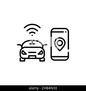 Icona Smart auto-guidante. Smartphone con puntatore mappa e auto con connessione e controllo wireless. Icona tratto modificabile pixel Perfect Illustrazione Vettoriale