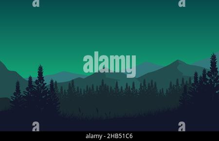 Vista realistica delle montagne con la foresta dai sobborghi di notte. Illustrazione vettoriale di una città Illustrazione Vettoriale