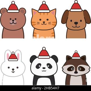 Set di vari animali che indossano felicemente un cappello di Santa. Illustrazione vettoriale isolata su sfondo bianco. Illustrazione Vettoriale