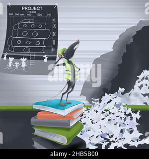 Costruttore professionale in uniforme nella costruzione. Il ratto nella biblioteca gnaws un buco nel libro. Piano di costruzione dettagliato. Divertente personaggio cartoon. Foto Stock