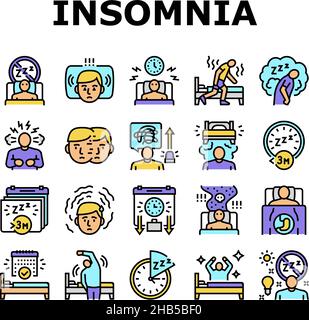 Insonnia persona cronica problema icone impostare vettore Illustrazione Vettoriale
