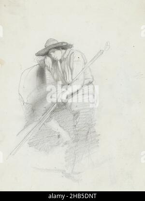 L'uomo indossa un cappello e si siede e si appoggia su una pietra. Foglio 3 recto da un libro di 41 pagine, giovane con lo staff di un pastore, Johannes Bosboom, 1827 - 1891 Foto Stock