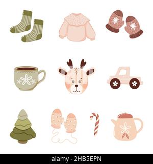 Impressionante vintage Natale disegnato a mano Vector Flat Illustration Set Illustrazione Vettoriale